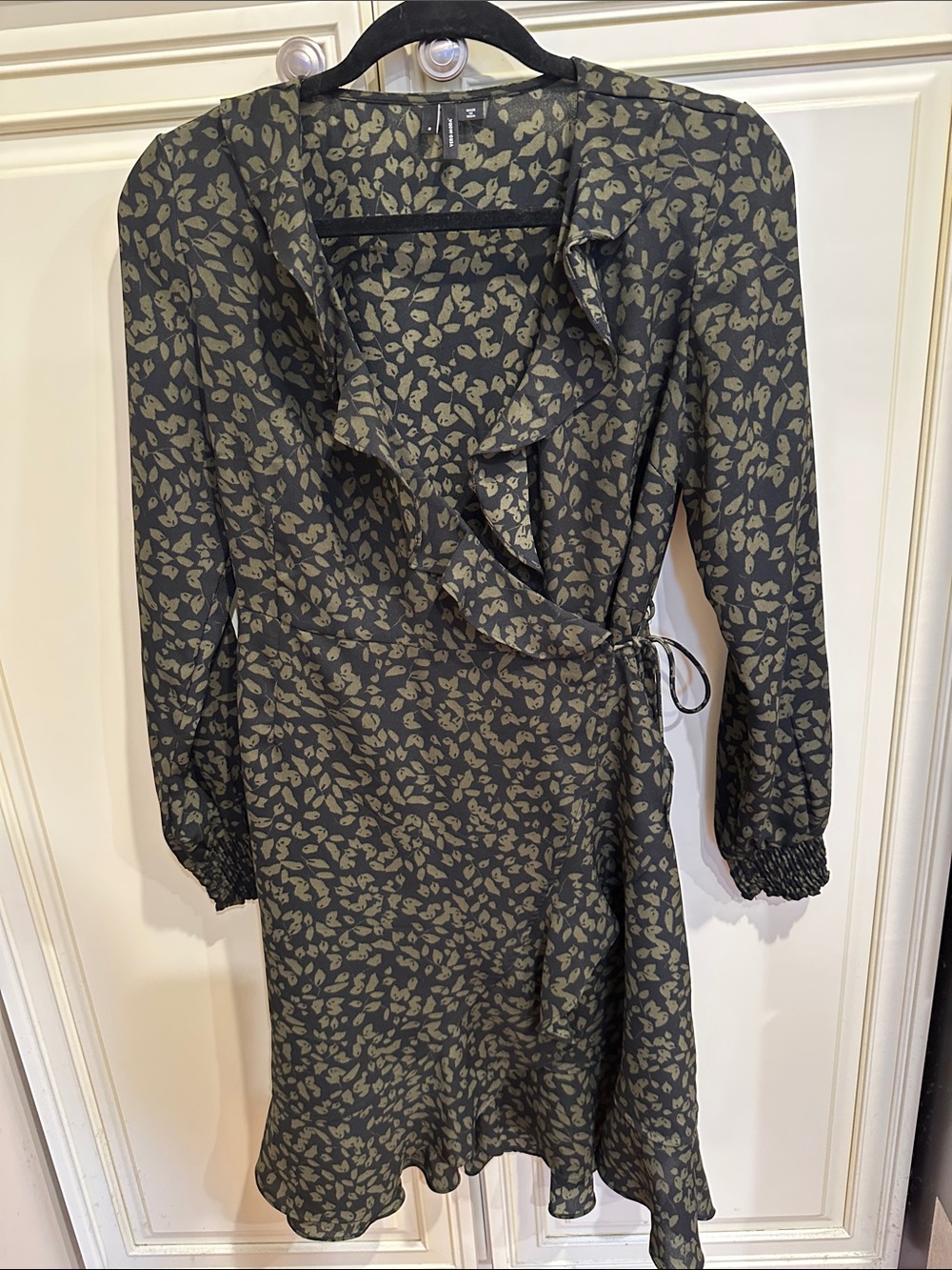 Vero Moda Olive Leaf Print Wrap Dress with Ruffle Neck